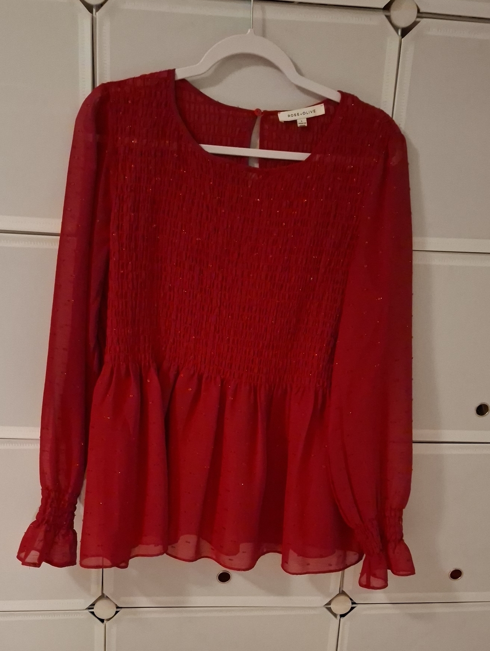 Rose & Olive Red Smocked Ruffle-Hem Blouse